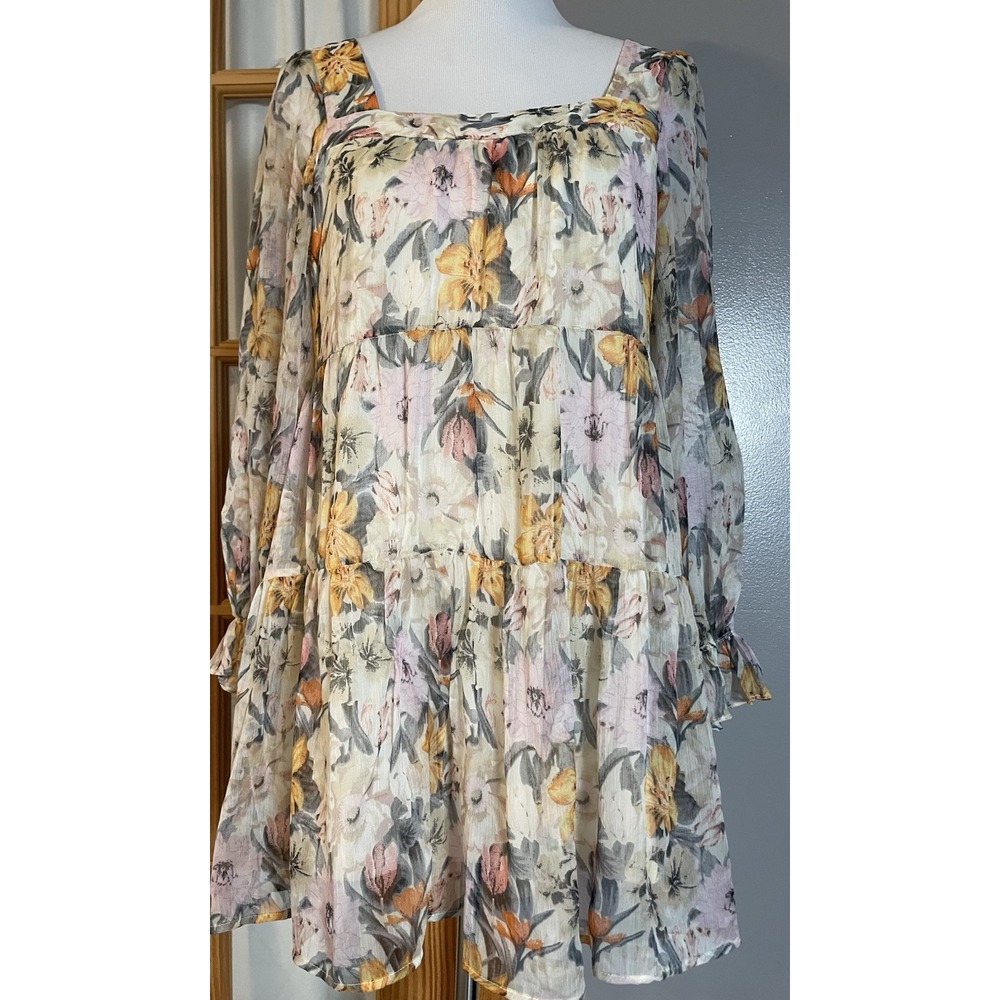 Aakaa Tiered Floral Mini Dress S Yellow Ivory Long Sleeve Square Neck Oversized
